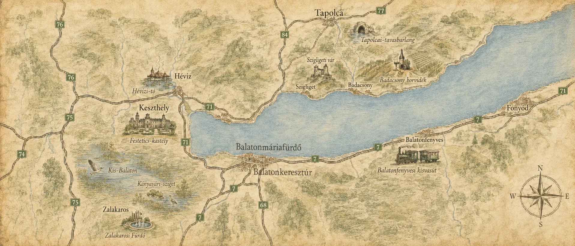 Illusztrált térkép Balatonkeresztúr, Hévíz és a környék látnivalóival
